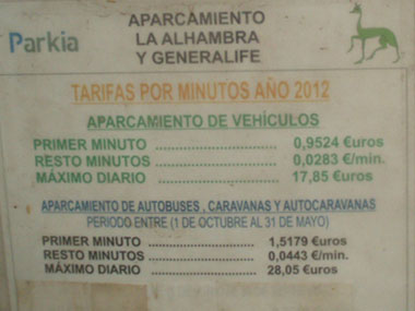 Tarifas del parking de la Alhambra