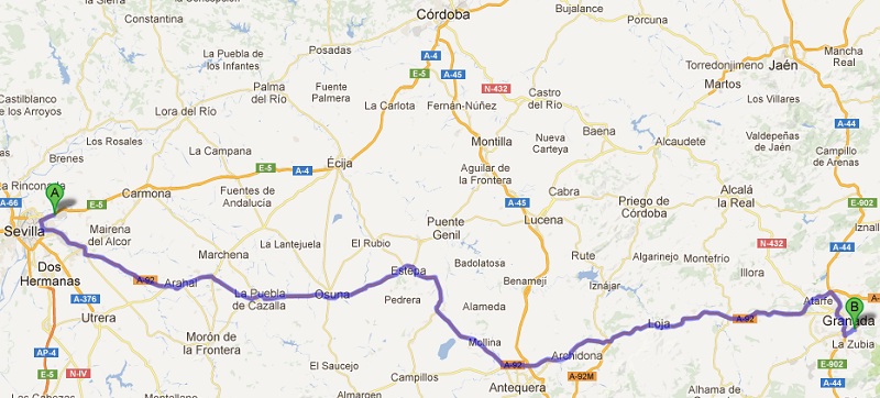 Route from Seville to Granada