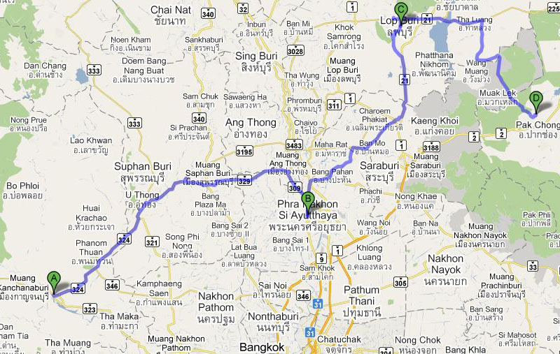 Route Kanchanaburi-Ayutthaya-Khao Yai