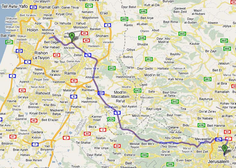 Route from airport to Jerusalem