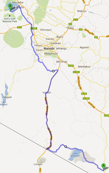 Route from Amboseli to Naivasha