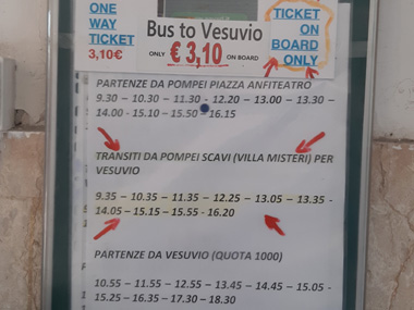 Timetable for the buses to Vesuvius crater