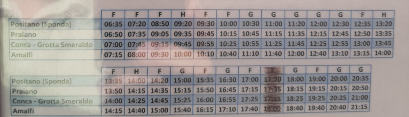 Timetable for buses Positano - Amalfi