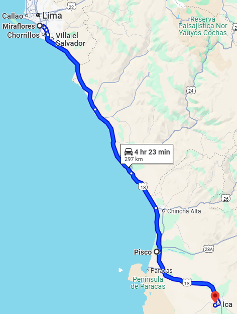 Our route from Lima to Huacachina