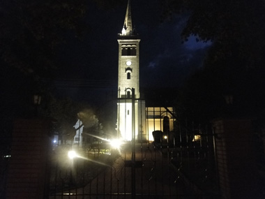 Mikolajki church by night