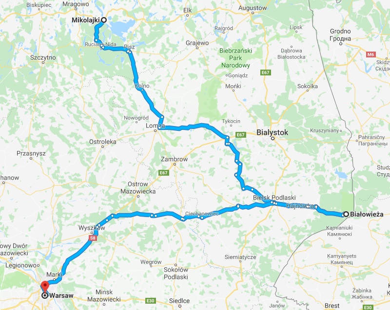 Route Masuria - Bialowieza - Warsaw