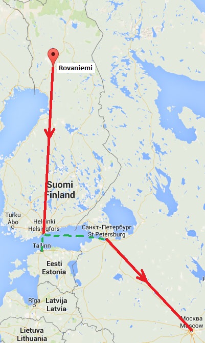 Route through Finland and Russia